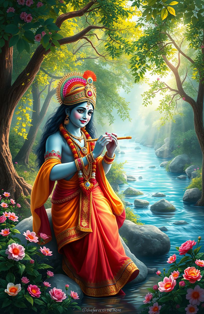 A captivating digital painting of the Indian gods Radha and Krishna, beautifully depicted in a lush, enchanting nature setting