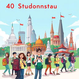 A vibrant and energetic illustration of a university study tour featuring 40 college students on their semester 7 journey through Indonesia