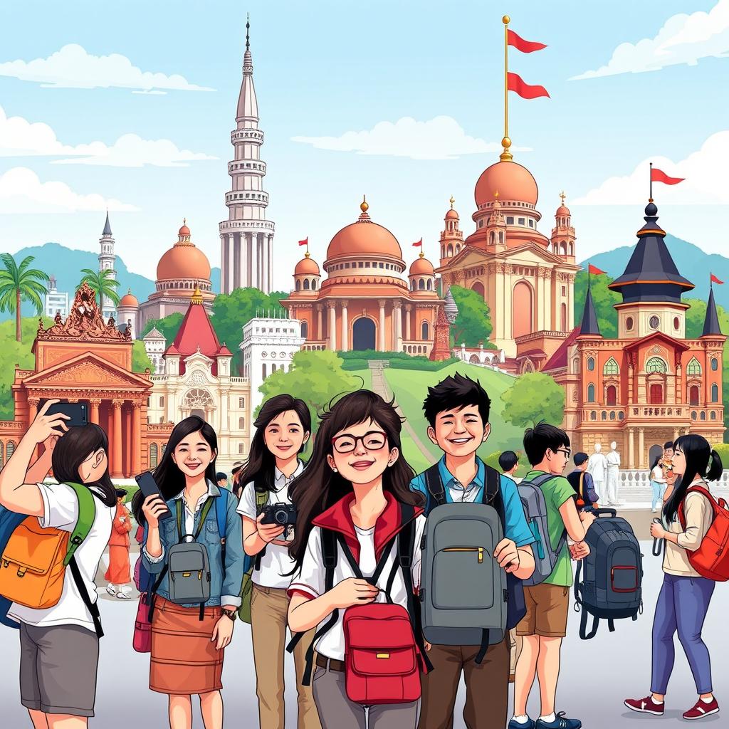 A vibrant and energetic illustration of a university study tour featuring 40 college students on their semester 7 journey through Indonesia