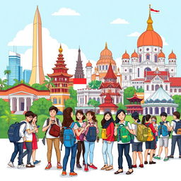 A vibrant and energetic illustration of a university study tour featuring 40 college students on their semester 7 journey through Indonesia
