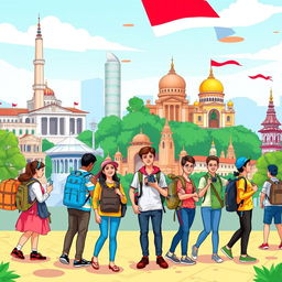 A vibrant and energetic illustration of a university study tour featuring 40 college students on their semester 7 journey through Indonesia