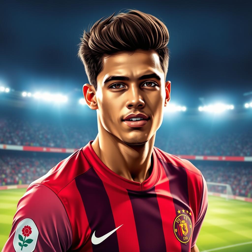 A vibrant and dynamic digital portrait of a young male football player with a focus on Lamine Yamal