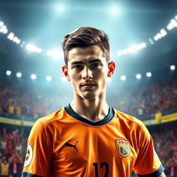 A vibrant and dynamic digital portrait of a young male football player with a focus on Lamine Yamal