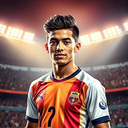 A vibrant and dynamic digital portrait of a young male football player with a focus on Lamine Yamal