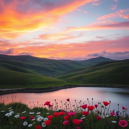 A beautifully edited landscape photo featuring rolling green hills under a vibrant sunset sky, with orange, pink, and purple hues blending together