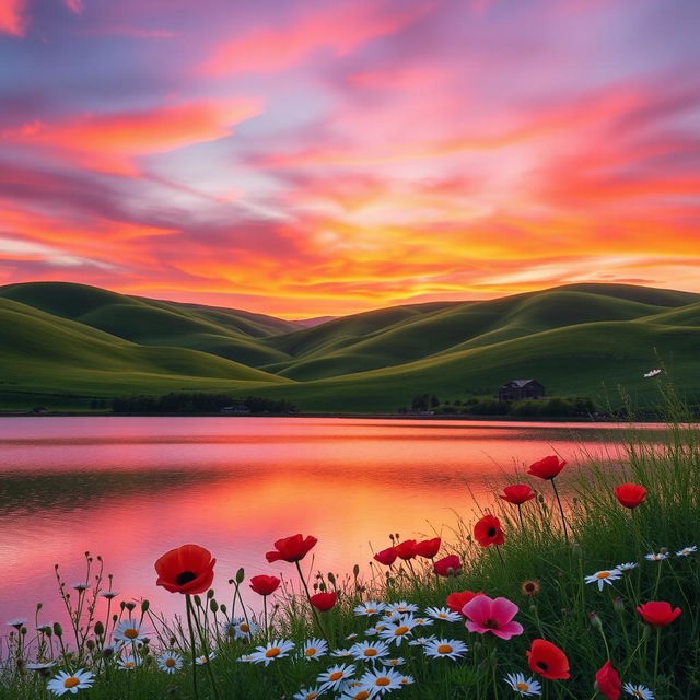 A beautifully edited landscape photo featuring rolling green hills under a vibrant sunset sky, with orange, pink, and purple hues blending together