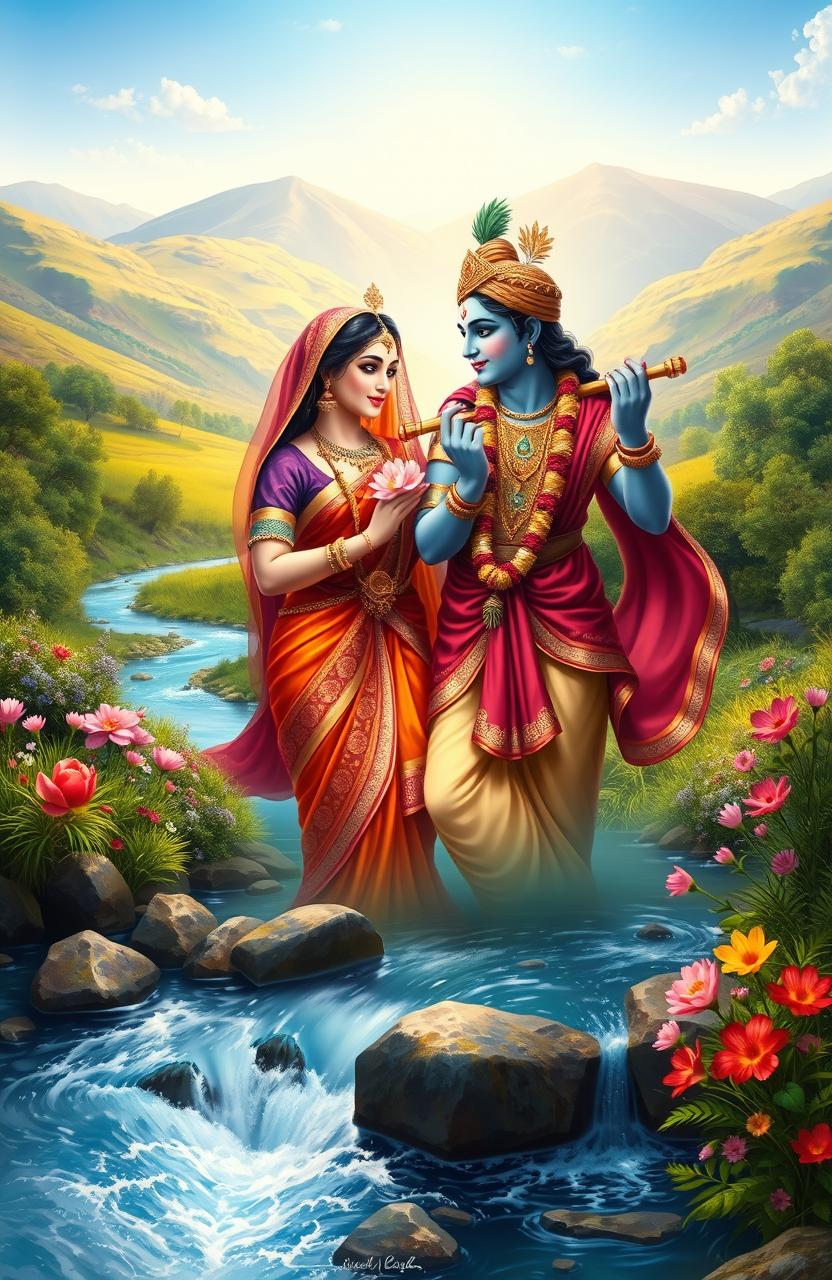 A vibrant digital painting portraying the Indian gods Radha and Krishna as a divine couple, set in a breathtaking natural landscape