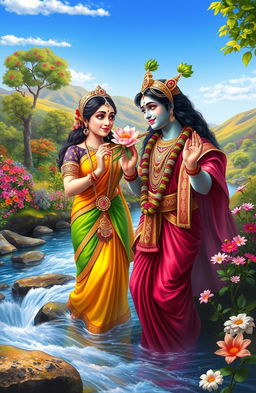 A vibrant digital painting portraying the Indian gods Radha and Krishna as a divine couple, set in a breathtaking natural landscape
