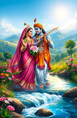 A vibrant digital painting portraying the Indian gods Radha and Krishna as a divine couple, set in a breathtaking natural landscape
