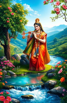 A vibrant digital painting portraying the Indian gods Radha and Krishna as a divine couple, set in a breathtaking natural landscape