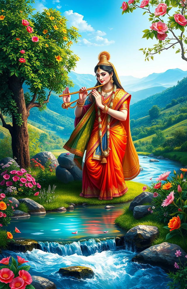 A vibrant digital painting portraying the Indian gods Radha and Krishna as a divine couple, set in a breathtaking natural landscape