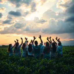 An inspirational and evocative scene of a diverse group of people, standing together in a lush green landscape under a soft, colorful sky filled with clouds, symbolizing hope and forgiveness