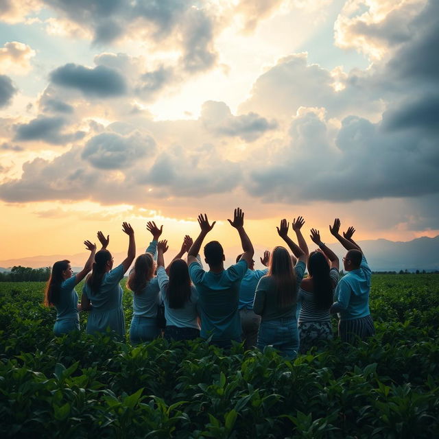 An inspirational and evocative scene of a diverse group of people, standing together in a lush green landscape under a soft, colorful sky filled with clouds, symbolizing hope and forgiveness