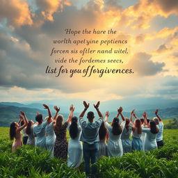 An inspirational and evocative scene of a diverse group of people, standing together in a lush green landscape under a soft, colorful sky filled with clouds, symbolizing hope and forgiveness