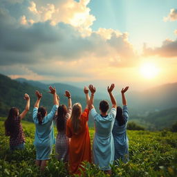 An inspirational and evocative scene of a diverse group of people, standing together in a lush green landscape under a soft, colorful sky filled with clouds, symbolizing hope and forgiveness