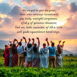 An inspirational and evocative scene of a diverse group of people, standing together in a lush green landscape under a soft, colorful sky filled with clouds, symbolizing hope and forgiveness