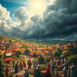 A symbolic representation of a town filled with vibrant buildings and lush gardens, under a bright sky filled with radiant light symbolizing blessings from heaven