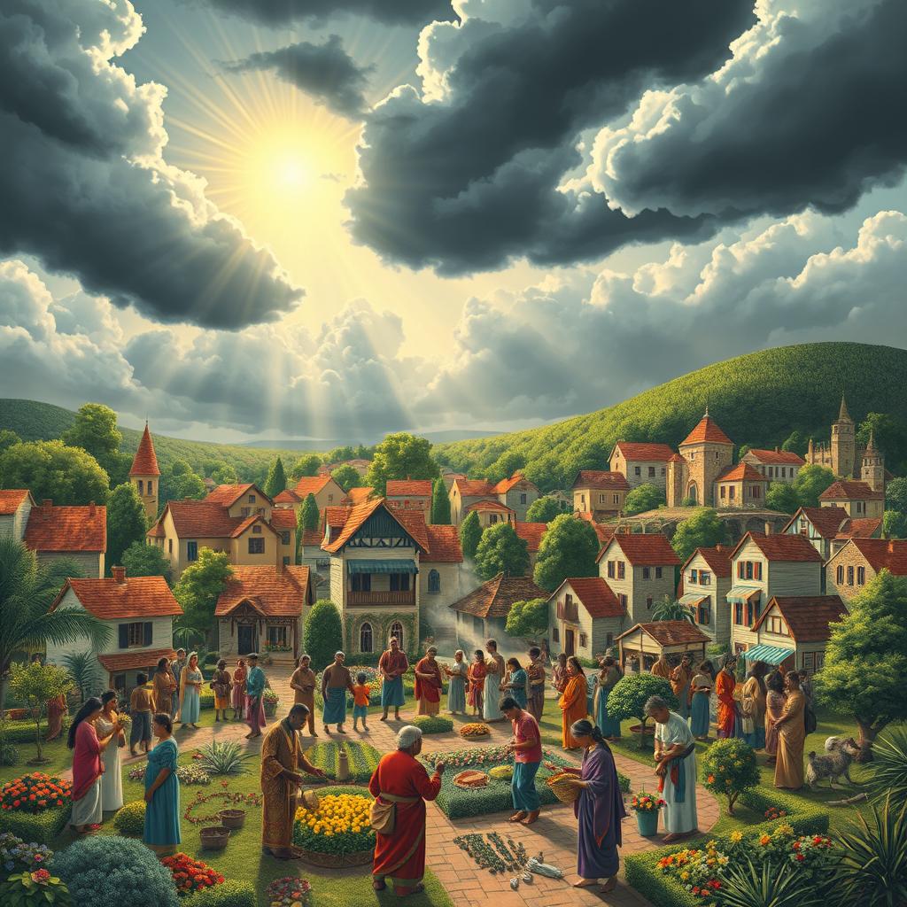 A symbolic representation of a town filled with vibrant buildings and lush gardens, under a bright sky filled with radiant light symbolizing blessings from heaven