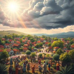 A symbolic representation of a town filled with vibrant buildings and lush gardens, under a bright sky filled with radiant light symbolizing blessings from heaven