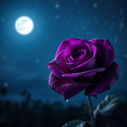 A stunning deep violet rose blooming in the nighttime, illuminated by soft moonlight that highlights its rich, intricate petals