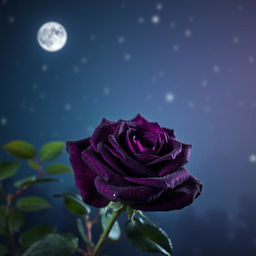 A stunning deep violet rose blooming in the nighttime, illuminated by soft moonlight that highlights its rich, intricate petals