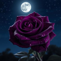 A stunning deep violet rose blooming in the nighttime, illuminated by soft moonlight that highlights its rich, intricate petals