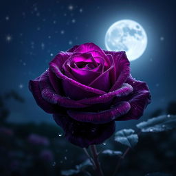 A stunning deep violet rose blooming in the nighttime, illuminated by soft moonlight that highlights its rich, intricate petals