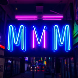 A vibrant neon art sign featuring a bold letter 'M' at its center, glowing in a bright electric blue color, with a sleek, modern design