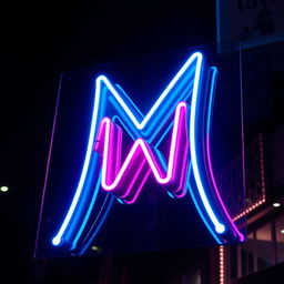 A vibrant neon art sign featuring a bold letter 'M' at its center, glowing in a bright electric blue color, with a sleek, modern design