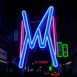 A vibrant neon art sign featuring a bold letter 'M' at its center, glowing in a bright electric blue color, with a sleek, modern design