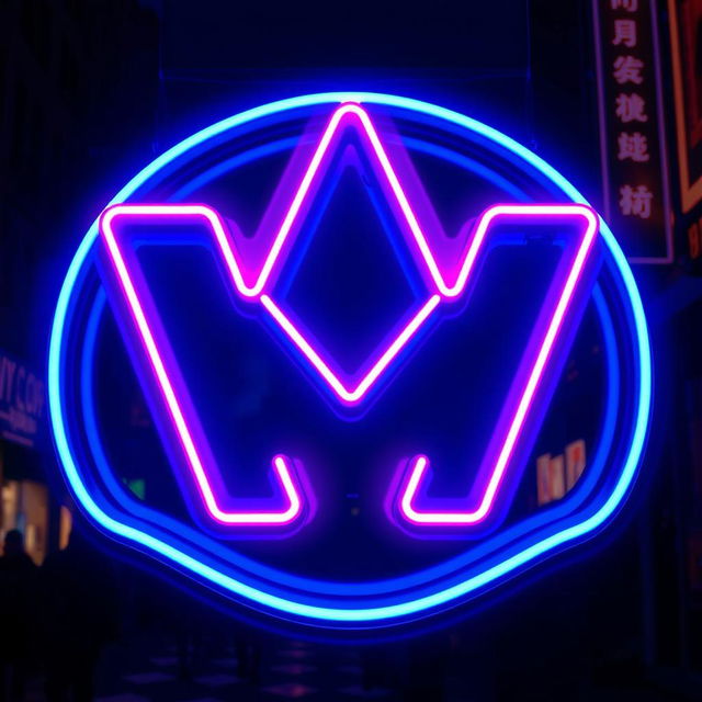 A vibrant neon art sign featuring a bold letter 'M' at its center, glowing in a bright electric blue color, with a sleek, modern design