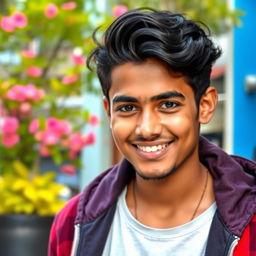 A strikingly handsome Bangladeshi young man aged between 17 and 19, with a charming smile and expressive dark eyes