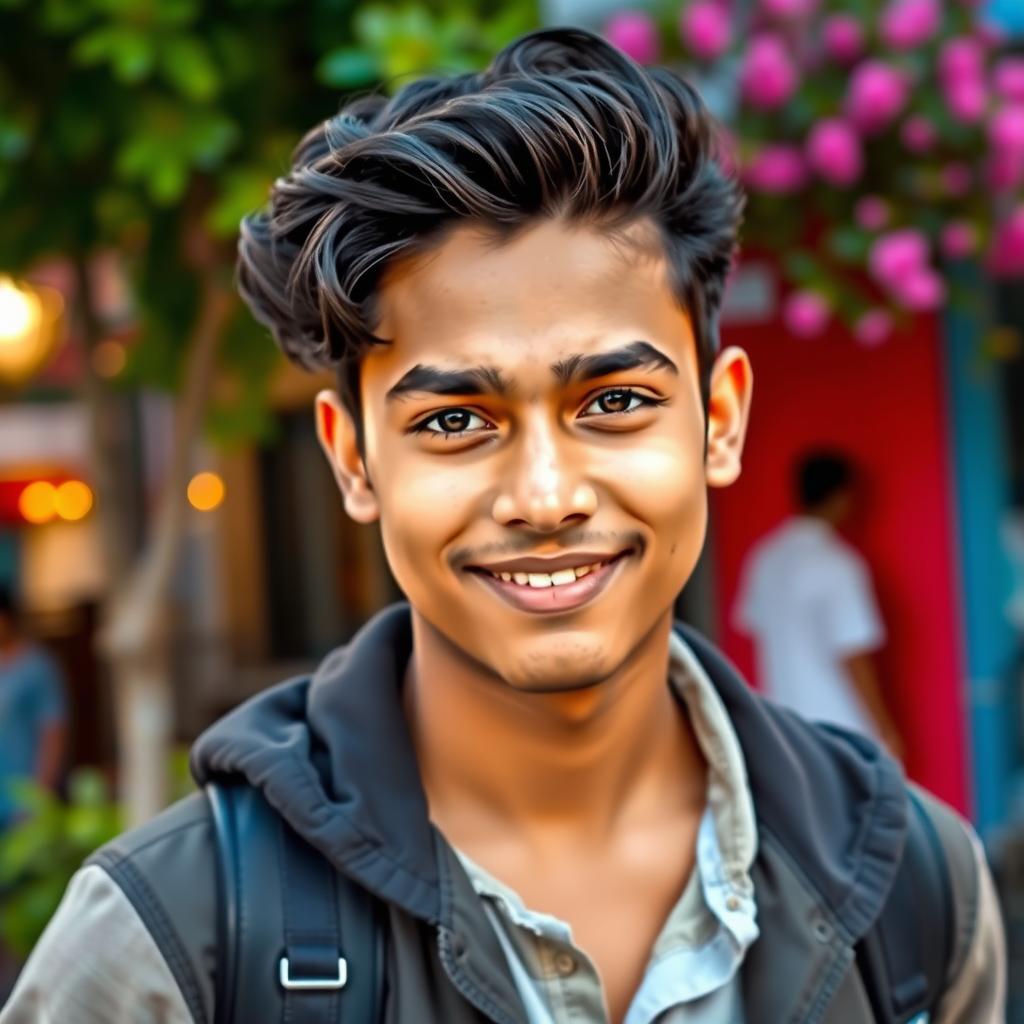 A strikingly handsome Bangladeshi young man aged between 17 and 19, with a charming smile and expressive dark eyes