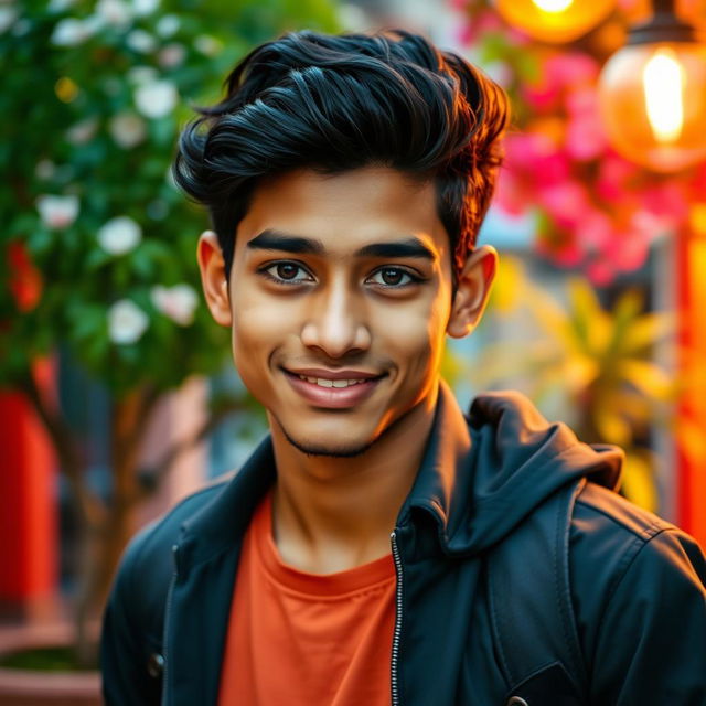 A strikingly handsome Bangladeshi young man aged between 17 and 19, with a charming smile and expressive dark eyes