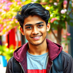 A strikingly handsome Bangladeshi young man aged between 17 and 19, with a charming smile and expressive dark eyes