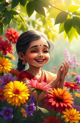 A charming digital painting of an Indian girl smiling joyfully in a vibrant flower garden