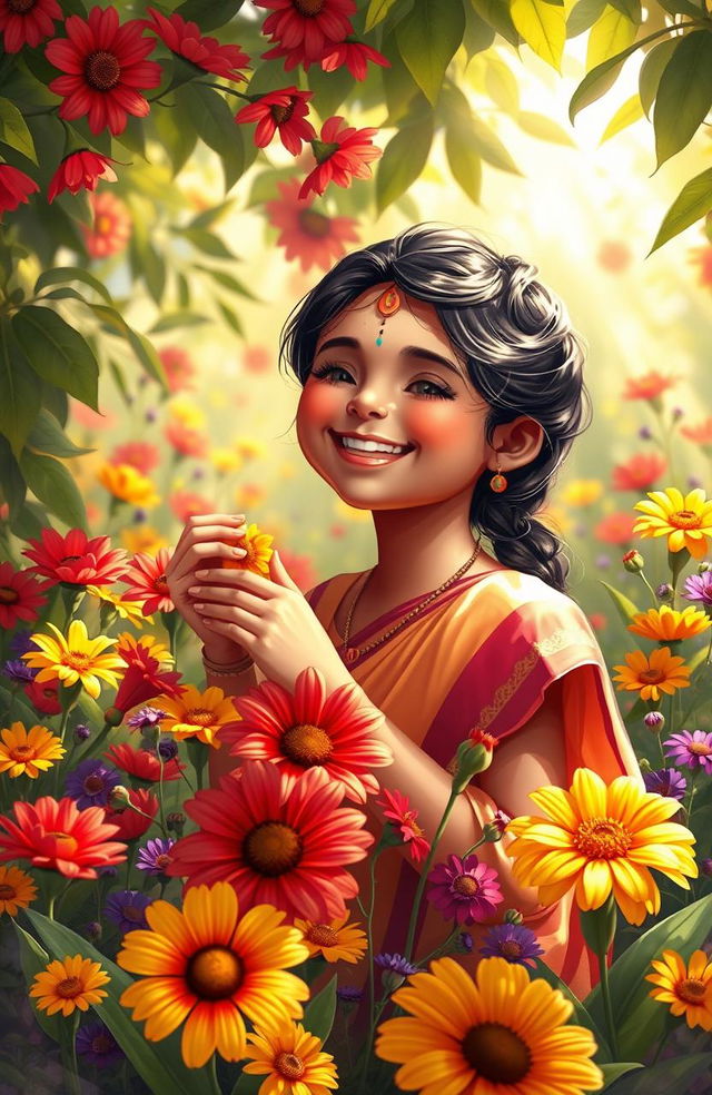 A charming digital painting of an Indian girl smiling joyfully in a vibrant flower garden