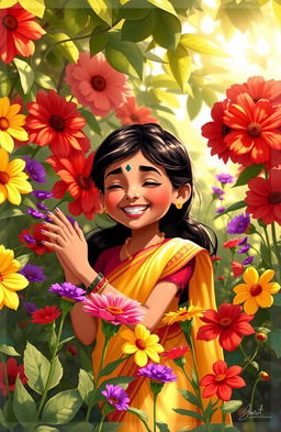 A charming digital painting of an Indian girl smiling joyfully in a vibrant flower garden