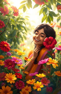 A charming digital painting of an Indian girl smiling joyfully in a vibrant flower garden