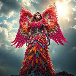 A stunning warrior angel dressed in a magnificent gown made entirely of vibrant feathers