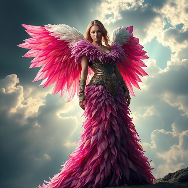 A stunning warrior angel dressed in a magnificent gown made entirely of vibrant feathers