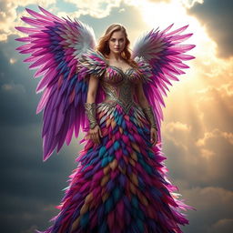 A stunning warrior angel dressed in a magnificent gown made entirely of vibrant feathers