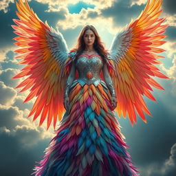 A stunning warrior angel dressed in a magnificent gown made entirely of vibrant feathers