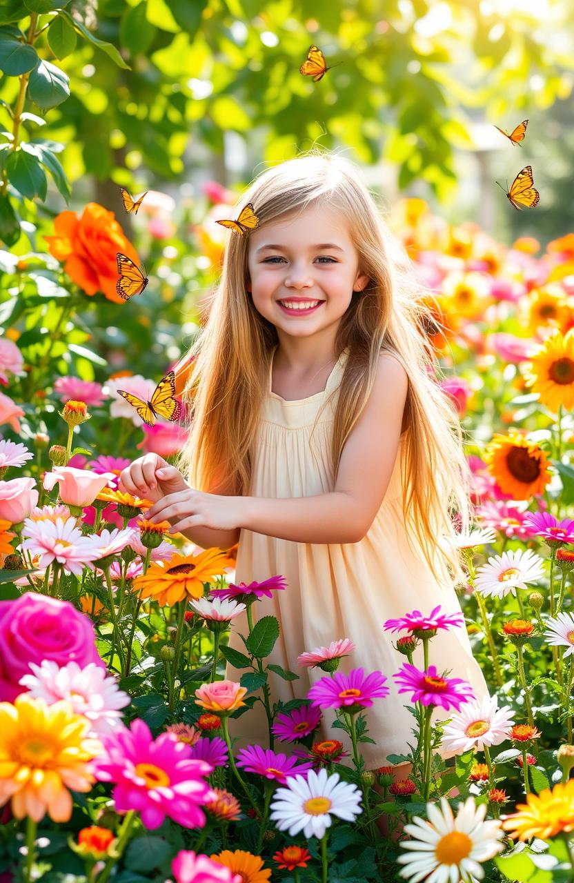 A cheerful girl with long flowing hair, wearing a light sundress, smiling joyfully in a vibrant flower garden filled with a variety of colorful flowers such as roses, daisies, and sunflowers
