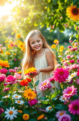 A cheerful girl with long flowing hair, wearing a light sundress, smiling joyfully in a vibrant flower garden filled with a variety of colorful flowers such as roses, daisies, and sunflowers