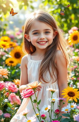 A cheerful girl with long flowing hair, wearing a light sundress, smiling joyfully in a vibrant flower garden filled with a variety of colorful flowers such as roses, daisies, and sunflowers