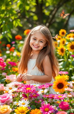 A cheerful girl with long flowing hair, wearing a light sundress, smiling joyfully in a vibrant flower garden filled with a variety of colorful flowers such as roses, daisies, and sunflowers