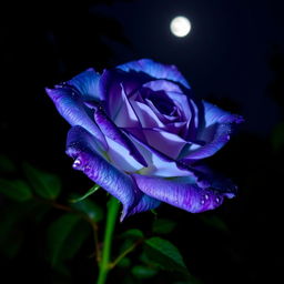 A stunning violet and blue rose blooming beautifully at night, illuminated by the soft glow of moonlight
