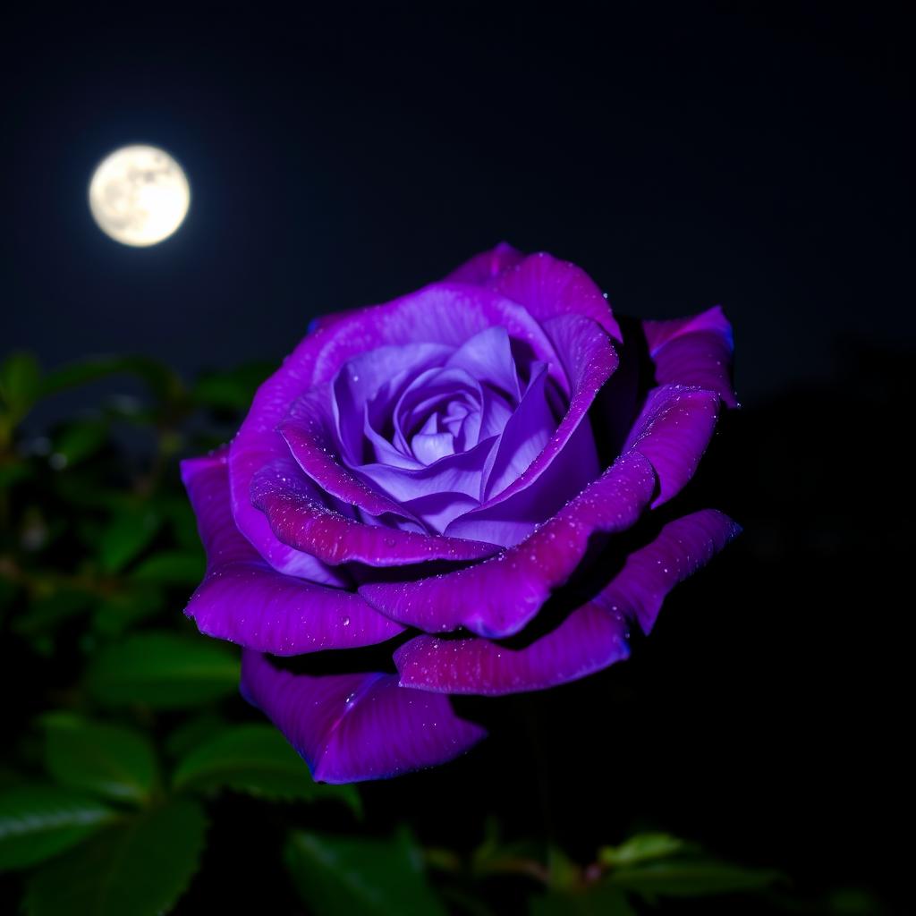 A stunning violet and blue rose blooming beautifully at night, illuminated by the soft glow of moonlight