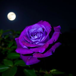 A stunning violet and blue rose blooming beautifully at night, illuminated by the soft glow of moonlight